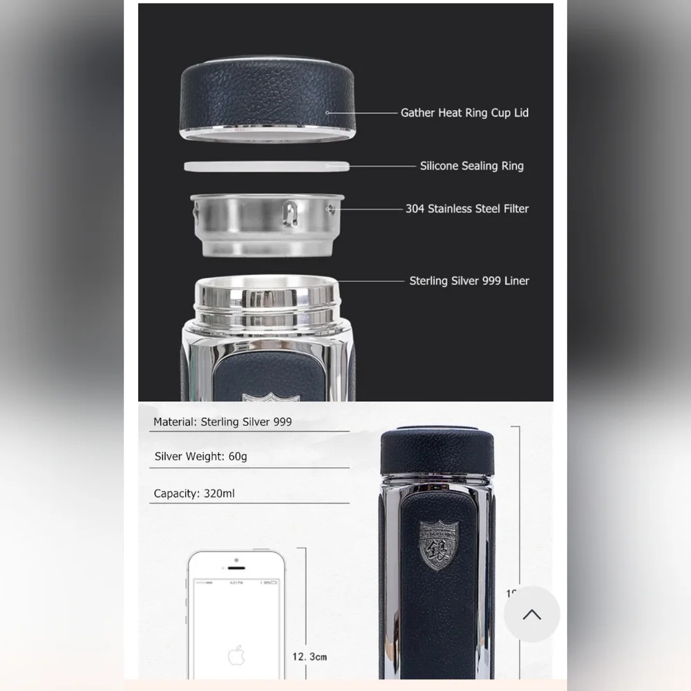 Sterling Silver 999 Inner Bladder Leather Insulation Filter Cup High-end Busines - Picture 9 of 11